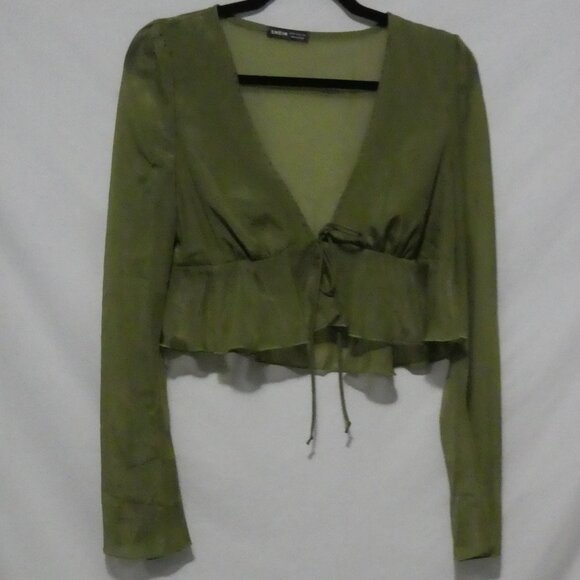 SHEIN | medium | Elegant Green V-Neck Sheer Blouse With Tie / Lace-Up Detail - Picture 1 of 15